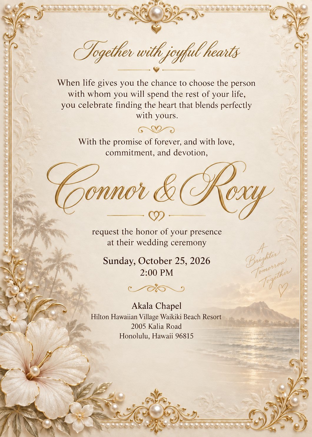 Wedding invitation. Together with joyful hearts, Connor and Roxy request the honor of your presence at their wedding ceremony, Sunday, October 25, 2026 at 2:00 PM, Akala Chapel, Hilton Hawaiian Village Waikiki Beach Resort, 2005 Kalia Road, Honolulu, Hawaii 96815.